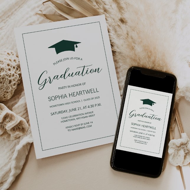 2025 Emerald Green Cap Modern Graduation Party Invitation (Creator Uploaded)