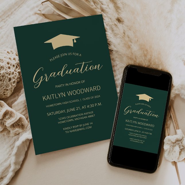 2025 Emerald Green Gold Cap Graduation Party Invitation (Creator Uploaded)