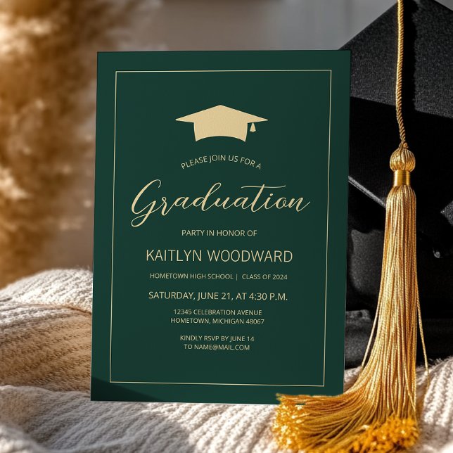 2025 Emerald Green Gold Cap Graduation Party Invitation (Creator Uploaded)