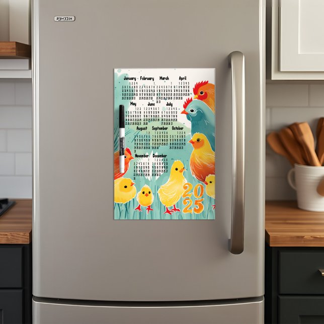 2025 Farmhouse Chickens Calendar Whimsical Pastel Dry Erase Board (2025 Chickens calendar dry erase board, a whimsical farmhouse watercolor for teal country kitchen)