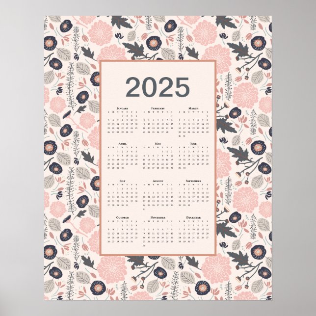 2025 Full Year Calendar Pink Gray Botanical Poster (Front)