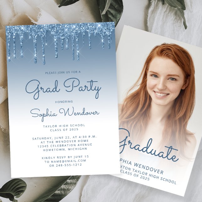 2025 Glam Blue Glitter Drip Photo Graduation Invitation (Creator Uploaded)