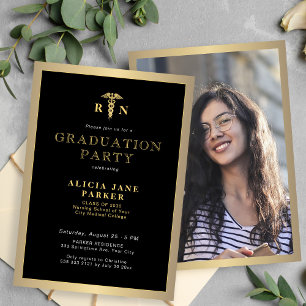 2025 gold black RN nurse graduation party Invitation