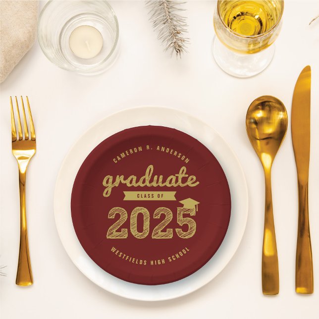2025 Gold Bold Sketch Typography Graduation Party Paper Plates (2025 Gold Sketch Typography On Burgundy (customizable) Graduation Party Paper Plates @ fatfatin)