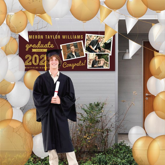 2025 Gold Graduate Sketch 3 Photo Graduation Party Banner (2024 Maroon Red & Gold Sketch 3 Photo Modern Graduation Party Banner @ www.zazzle.com/color_therapy)