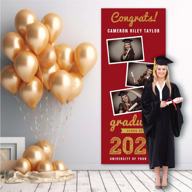 2025 Gold Sketch 3 Photo Collage Graduation Party Banner (2024 Red & Gold Sketch 3 Photo Modern Graduation Party Banner @ www.zazzle.com/color_therapy)