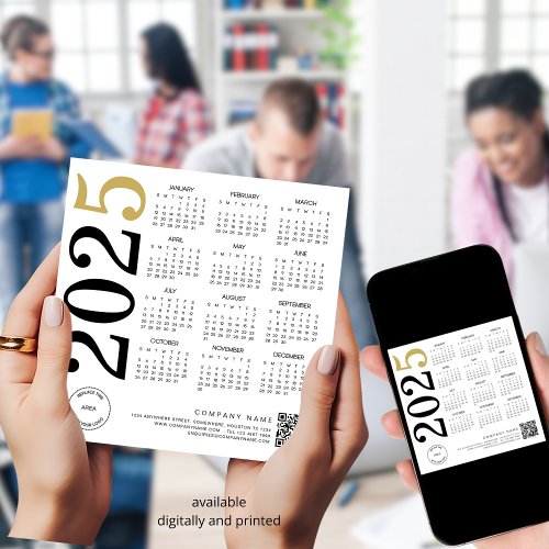 2025 Gold White Calendar Logo QR Code Business Holiday Card