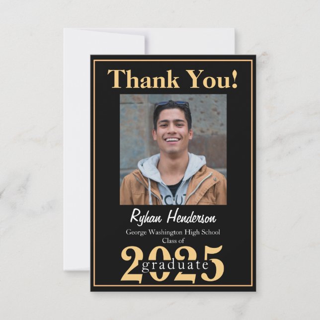 2025 Grad Bold Gold Black Photo Thank you Card (Front)