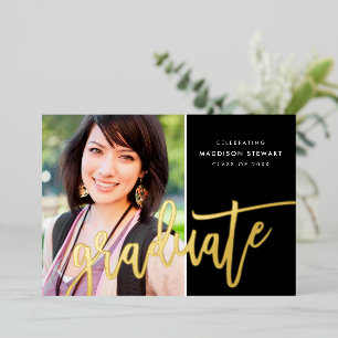 2025 GRAD photo modern calligraphy cute black gold Foil Invitation