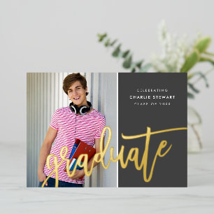 2025 GRAD photo modern calligraphy fun gray gold Foil Invitation