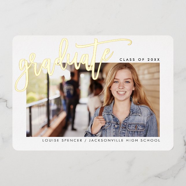 2025 GRAD photo modern calligraphy overlay gold Foil Invitation (Front)