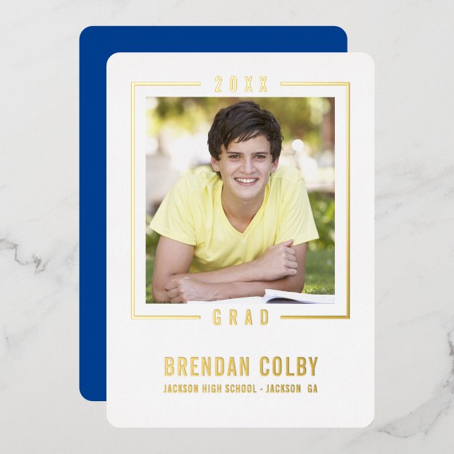 2025 GRAD photo modern frame royal blue gold Foil Invitation (Front/Back)