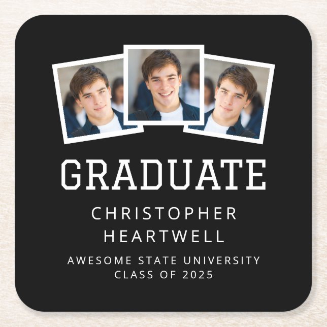 2025 Graduate 3-Photo Black and White Square Paper Coaster (Front)