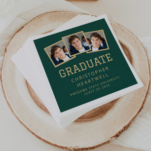 2025 Graduate 3-Photo Green Gold Napkins