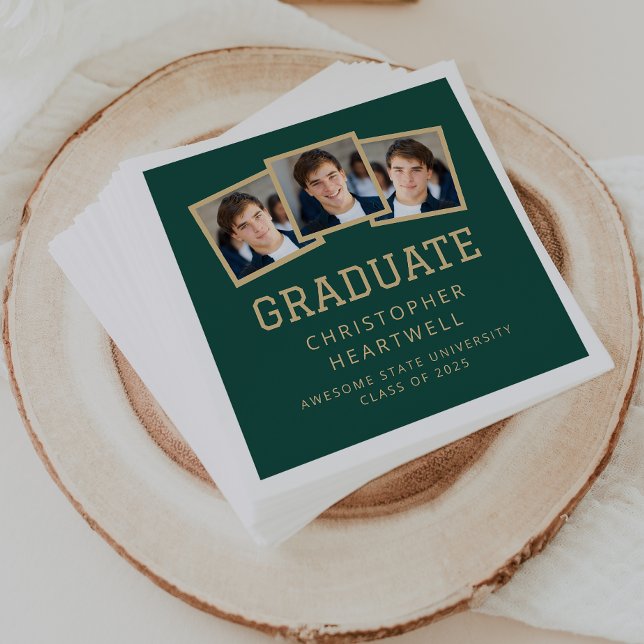 2025 Graduate 3-Photo Green Gold Napkins (Creator Uploaded)