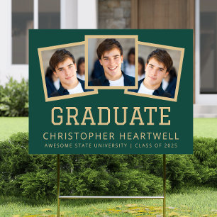 2025 Graduate 3-Photo Green Gold Typography Yard Sign