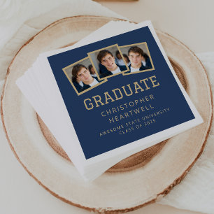 2025 Graduate 3-Photo Navy Blue Gold Napkins