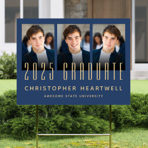 2025 Graduate 3-Photo Navy Blue Gold Simple Yard Sign