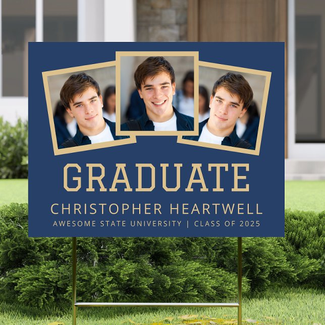 2025 Graduate 3-Photo Navy Blue Gold Sporty Yard Sign (Creator Uploaded)