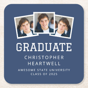 2025 Graduate 3-Photo Navy Blue White Square Paper Coaster