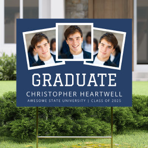2025 Graduate 3-Photo Navy White Typography Yard Sign
