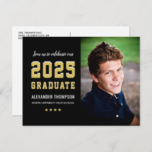 2025 Graduate Black Gold Graduation Party Photo Invitation Postcard