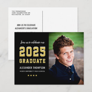2025 Graduate Black Gold Graduation Party Photo Invitation Postcard