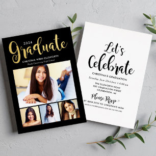 2025 Graduate Black Gold Script Photo Collage Foil Invitation