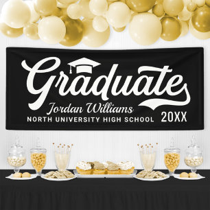 2025 Graduate Black White Script Custom Graduation Banner