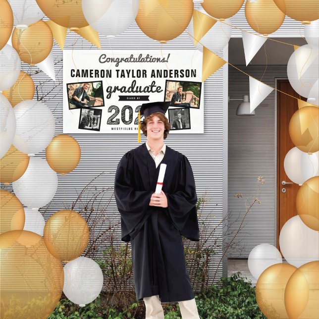 2025 Graduate Bold Sketch 4 Photo Graduation Party Banner (2024 Black And White Sketch 4 Photo Modern Graduation Party Banner @ www.zazzle.com/color_therapy)