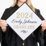 2025 Graduate Elegant Black and Gold Custom Graduation Cap Topper<br><div class="desc">Stylish graduation cap topper features your graduate's name in script with a floral rose design accent. The classic black,  gold,  and white color scheme can be completely customized.</div>