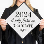 2025 Graduate Elegant Black and White Custom Graduation Cap Topper<br><div class="desc">Stylish graduation cap topper features your graduate's name in script with a scroll design accent. The classic black and white color scheme can be completely customized.</div>