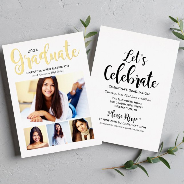 2025 Graduate Gold Script Photo Collage Party Foil Invitation (Creator Uploaded)
