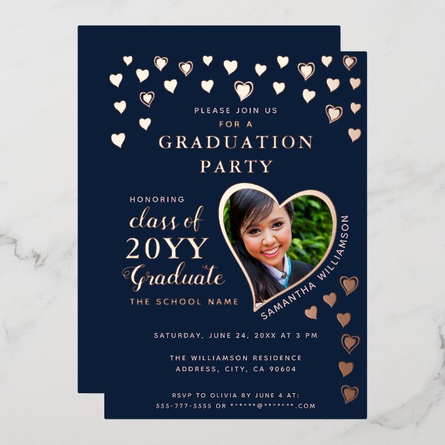 2025 Graduate Navy Blue & Rose Gold Graduation Foil Invitation (Front/Back)