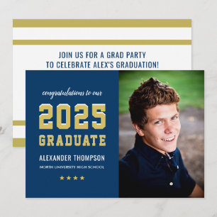 2025 Graduate Navy Gold Graduation Party Photo Invitation