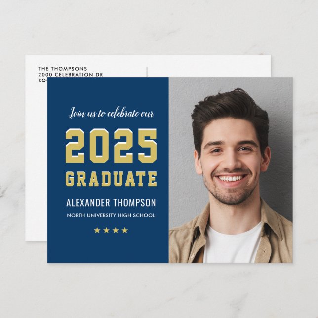2025 Graduate Navy Gold Graduation Party Photo Invitation Postcard (Front/Back)