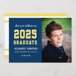 2025 Graduate Navy Yellow Graduation Party Photo Invitation