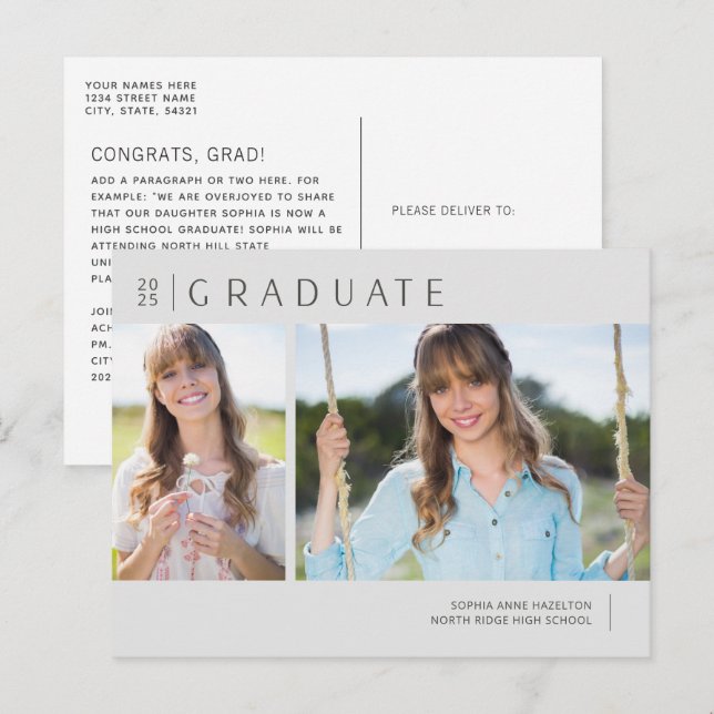 2025 Graduate Neutral Gray Photo Graduation Postcard (Front/Back)