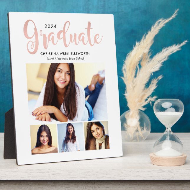 2025 Graduate Rose Gold Script 4 Photo Collage Plaque (Side)