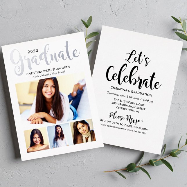 2025 Graduate Silver Script Photo Collage Party Foil Invitation (Creator Uploaded)