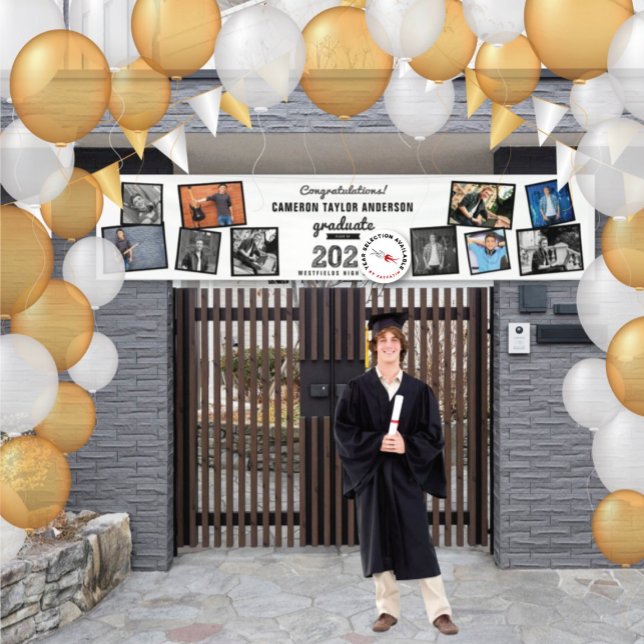 2025 Graduate Sketch 10 Photo Collage Grad Party Banner (20YY White & Black Sketch, Modern 10 Photo Graduation Party Banner @ www.zazzle.com/color_therapy)