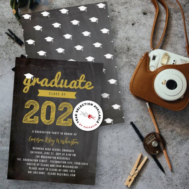 2025 Graduate Sketch Retro Chalkboard Grad Party Invitation (2025 Gold Graduate Sketch Retro Black Chalkboard Graduation Party Invitation @ fatfatin)