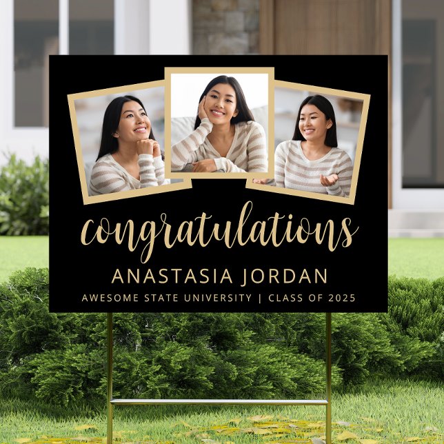 2025 Graduation 3-Photo Black Gold Script Yard Sign (Creator Uploaded)