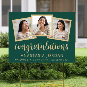 2025 Graduation 3-Photo Green Gold Script Yard Sign