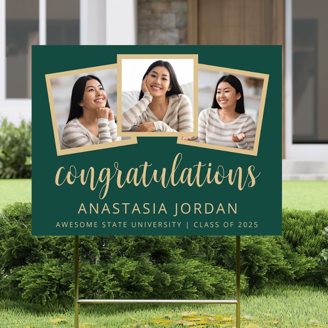2025 Graduation 3-Photo Green Gold Script Yard Sign (Creator Uploaded)