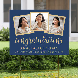 2025 Graduation 3-Photo Navy Blue Gold Script Yard Sign