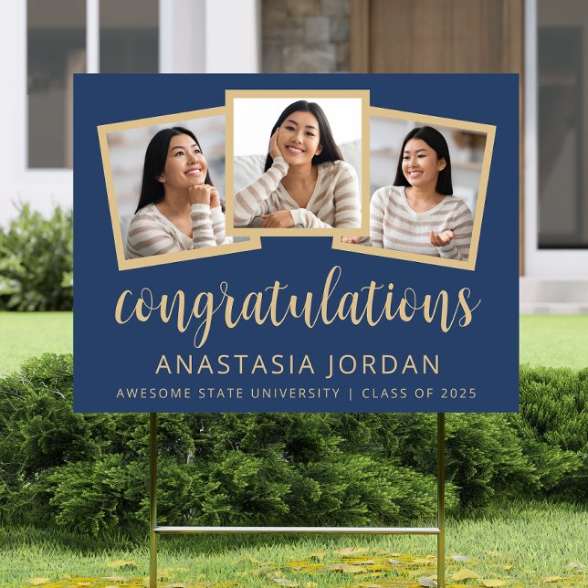 2025 Graduation 3-Photo Navy Blue Gold Script Yard Sign (Creator Uploaded)