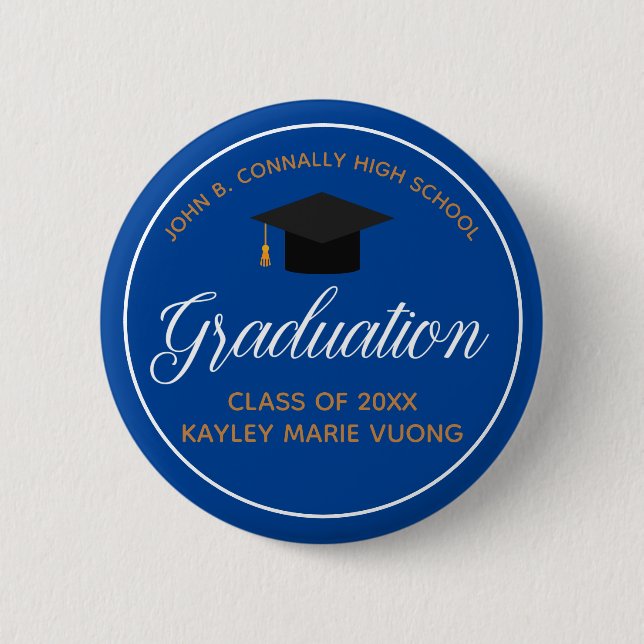 2025 Graduation Blue Gold Custom High School Name Button (Front)