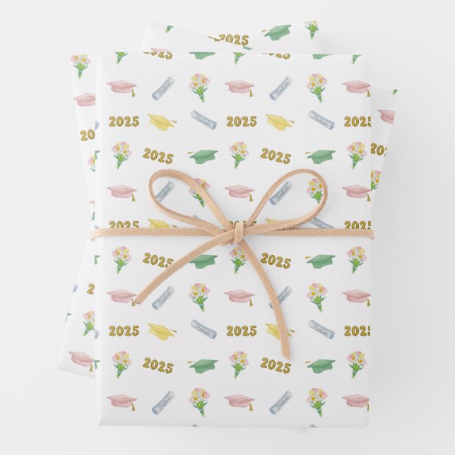 2025 Graduation Cap and Balloons Pastel  Wrapping Paper Sheets (In situ)