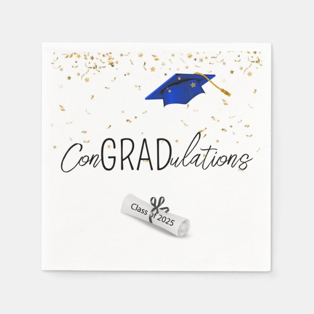 2025 Graduation Gold Confetti and Blue Cap Napkins (Front)